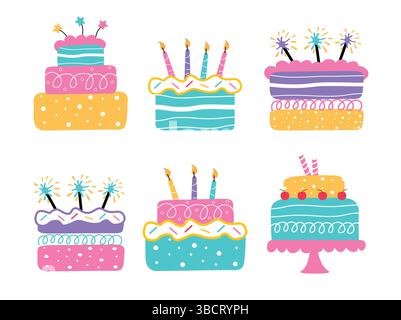 Buntes Kuchen-Set isoliert in weißem Hintergrund, buntes Clipart-Kuchen-Set. Stock Vektor