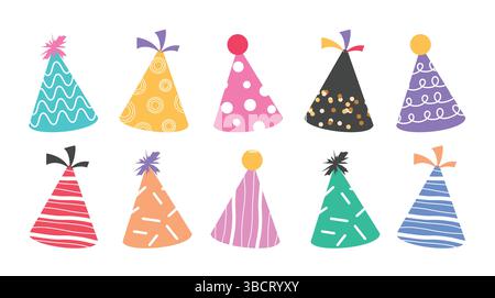Bunte Partyhüte Set isoliert in weißem Hintergrund, bunte Clipart Partyhüte Set. Stock Vektor