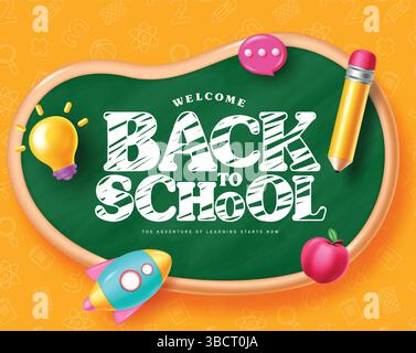 Willkommen zurück zum Design von Textvektorvorlagen in der Schule. Gruß zur Schulzeit in grüner Kreidetafel für Typografie und gelbem Hintergrund Stock Vektor