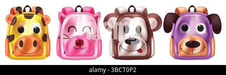 Schultaschen Tiere Vektor Set Design. Back to School niedliche Rucksackkollektion mit Tierfiguren wie Giraffe, Katze, Affe und Hund Stock Vektor