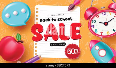 Back to School Clipart Design-Banner. Text zum Preisnachlass für den Back-to-School-Verkauf in Whitepaper mit Schulungsmaterial Stock Vektor