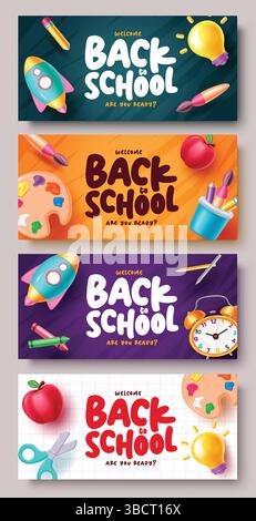 Back-to-School-Vektor-Banner-Set-Design. Begrüßungstext für die Schule mit farbenfrohen Vektorelementen für die Schule. Vektorabbildung. Stock Vektor