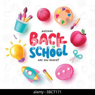 Back-to-School-Text-Vektor-Design. Willkommen zur Schulgruß in weißem Hintergrundmuster mit Back-to-School-Vektorelementen. Stock Vektor