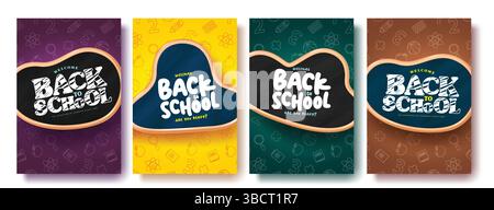 Back-to-School-Text-Vektor-Vorlage-Poster-Design. Willkommen zur Begrüßung zurück in der Schule in einem schwarzen Brett mit nahtlosem Hintergrundmuster Stock Vektor