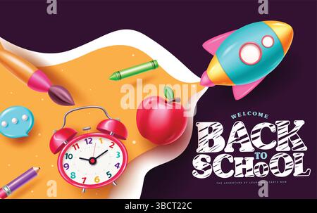 Back-to-School-Design für Clipart-Banner. Begrüßungstext mit farbenfrohem Lernelement in Papierform, Vektor-Illustration Stock Vektor