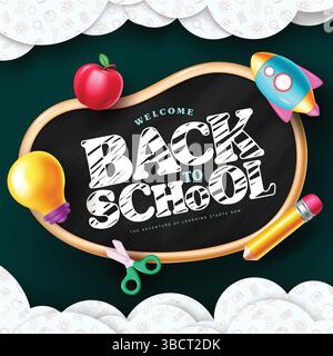 Willkommen zurück zur Schule Clipart Poster Design, zurück zur Schule Grüße in Papier geschnitten Muster Hintergrund mit bunten Elementen, Vektor Illustration. Stock Vektor