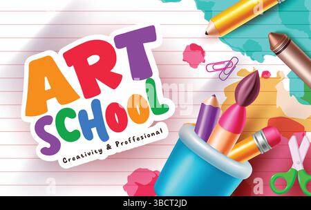 Zurück zur Schule Clipart Aquarell Hintergrund Design. Text-Clip-Art der Kunstschule mit farbenfrohen Unterrichtsmaterialien Stock Vektor