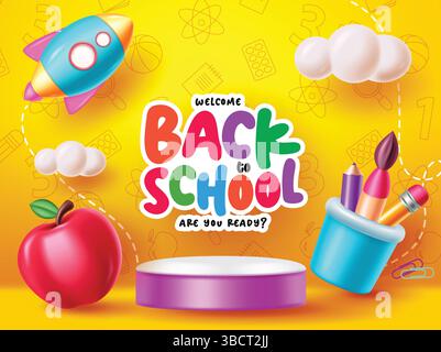 Willkommen zurück zur Schule Clipart-Vorlage. Schule Grußtext mit Podium und niedlichen pädagogischen Elementen Clip Art Vektor Illustration. Stock Vektor
