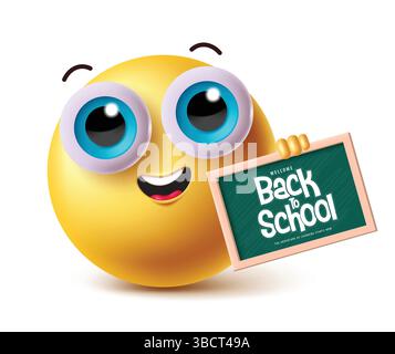 Zurück zur Schule Emoji Clipart 3D Charakter. Emoji mit Tafel und Text zum Schulbeginn. Stock Vektor