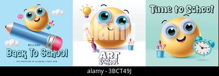 Emoji-Clipart-Set, Emojis-Charakter mit Back-to-School-Elementen, Back-to-School-Begrüßungs-Design-Poster mit Emoji-Charakter. Stock Vektor
