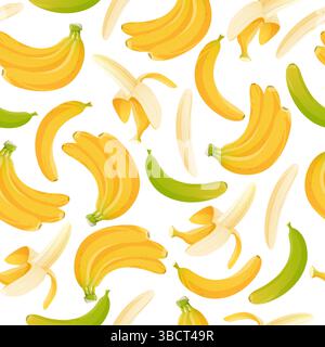 Reifes und grünes Bananenmuster. Geschälte ganze tropische Früchte. Gelbe Schale. Rutschen auf der Schale. Diätetisches veganes Produkt. Wiederholter Textildruck. Su Stock Vektor