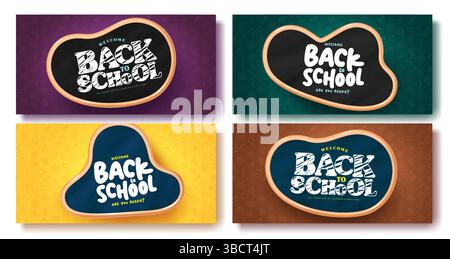 Back to School Text Vector Template Banner Design. Willkommen zur Begrüßung zurück in der Schule in einem schwarzen Brett mit nahtlosem Hintergrundmuster Stock Vektor