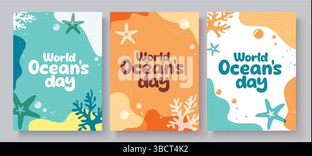 Clipart-Poster-Set zur Begrüßung des World Ocean's Day. Wassertiere Clip Art in farbenfroher abstrakter Hintergrundkollektion für saisonale Grußkarte Stock Vektor
