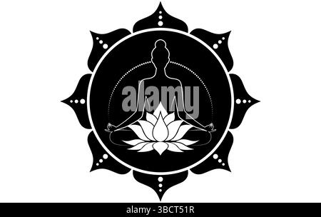 Lotus Mandala-Logo. Frau, die in Lotusposition sitzt und meditiert. Heilige Lotusblüte Symbol für Yoga, Spa, Schönheitssalon, Kosmetik, Stock Vektor