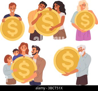 Leute, die Goldmünzen halten. Männer und Frauen mit großem Geld in Händen. Familienfinanzierung. Finanzieller Gewinn. Altersvorsorge für ältere Menschen. Ersparnisse für junge Paare Stock Vektor