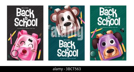 Back-to-School-Vektor-Poster-Set. Willkommen zurück in die Schule, Design für pädagogische Hintergründe mit niedlichen und farbenfrohen Bildungselementen auf Kreidetafel Stock Vektor