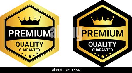 Goldenes und schwarzes Premium-Qualitätsabzeichen mit Kronensymbol und garantiertem Etikett für Branding oder Produktetikett Stock Vektor