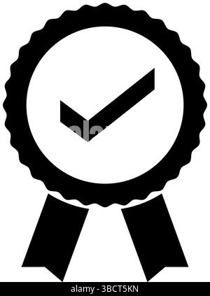 Schwarzes, verifiziertes Badge-Symbol mit Häkchen und Farbband, das für Genehmigung, Qualität oder Zertifizierung verwendet wird Stock Vektor