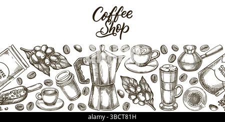 Horizontaler nahtloser Hintergrund mit Kaffeetassen, Kaffeemaschine, Bohnenpaket und Zweigen. Café- oder Ladenmenü, Etikettenelemente für Verpackungsdesign. Vect Stock Vektor