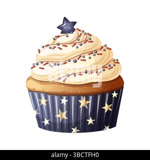 Cupcake patriotische Vektor-Illustration mit amerikanischer Flagge Farbe Creme im Cartoon-Stil. Farbenfrohes Grafikdesign mit Stern und Streuseln für den 4. juli Stock Vektor