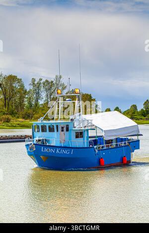 Kommerzielles Fischereifahrzeug, das zum Hafen von Steveston in B.C. Kanada zurückkehrt Stockfoto