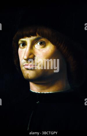 Porträt eines Mannes, bekannt als il condottiere, Gemälde von Antonello da Messina (1430-1479), Louvre Museum, Paris, Frankreich. Stockfoto