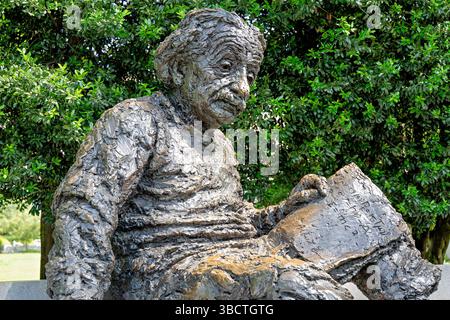 WASHINGTON DC – das Albert Einstein Memorial steht auf dem Gelände der National Academy of Sciences an der 2101 Constitution Avenue. Die Bronzestatue wurde 1979 vom Bildhauer Robert Berks erschaffen und enthüllt und zeigt Einstein mit mathematischen Gleichungen aus seinen wissenschaftlichen Arbeiten, die in die Granitbasis gehauen sind. Das 12 Fuß hohe Denkmal ehrt den Nobelpreisträger Physiker, dessen Theorien unser Verständnis von Raum, Zeit und Energie revolutionierten. Stockfoto