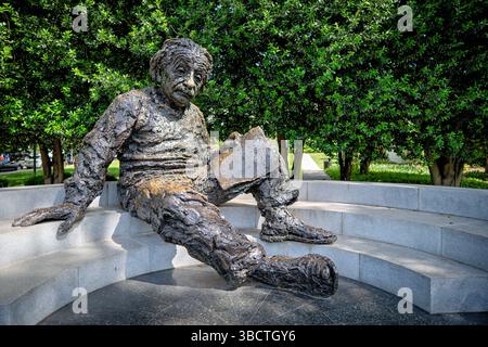 WASHINGTON DC – das Albert Einstein Memorial steht auf dem Gelände der National Academy of Sciences an der 2101 Constitution Avenue. Die Bronzestatue wurde 1979 vom Bildhauer Robert Berks erschaffen und enthüllt und zeigt Einstein mit mathematischen Gleichungen aus seinen wissenschaftlichen Arbeiten, die in die Granitbasis gehauen sind. Das 12 Fuß hohe Denkmal ehrt den Nobelpreisträger Physiker, dessen Theorien unser Verständnis von Raum, Zeit und Energie revolutionierten. Stockfoto