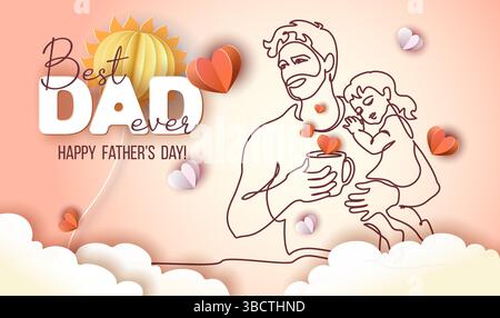 Karte zum Happy Vathers Day. Dad trinkt Morgenkaffee und hält seine schlafende Tochter in den Armen. Stock Vektor