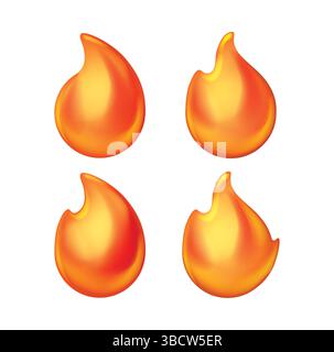 Symbole für den Zeichentrickfilm. Orangefarbene Symbole, Flammenembleme. Isoliertes Glockenfeuer, Heißbrand. Kürzlich entflammbare, gefährliche oder zündende Elemente Stock Vektor