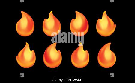 Symbole für den Zeichentrickfilm. Orangefarbene Symbole, Flammenembleme. Isoliertes Glockenfeuer, Heißbrand. Kürzlich entflammbare, gefährliche oder zündende Elemente Stock Vektor