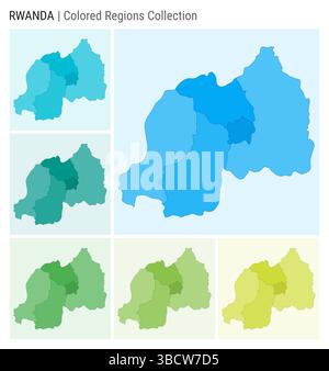 Ruanda Kartensammlung. Länderform mit farbigen Regionen. Hellblau, Cyan, Teal, Grün, Hellgrün, Farbpaletten in Limettenfarben. Stock Vektor