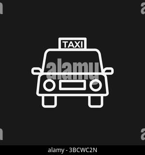 Minimalistisches weißes Taxi Symbol einfache Linie Art Fahrzeug Design auf schwarzem Hintergrund, Stadtreisen, Fahrservice und urbane Mobilität Stock Vektor