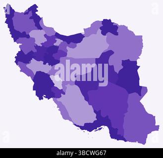 Karte von Iran mit Regionen. Nur eine einfache Ländergrenzkarte mit regionaler Aufteilung. Dunkelviolett. Stock Vektor
