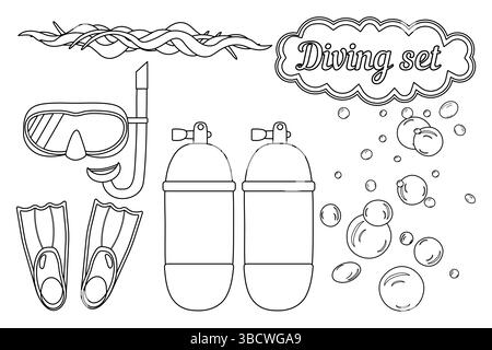 Ausmalseite Sommer Umrisszeichnung eines Tauchausrüstungssets - Schnorcheln und Maske, Schwimmflossen oder Flossen, Sauerstoff-Tauchbecken, Wellen und Wasserblasen Stock Vektor