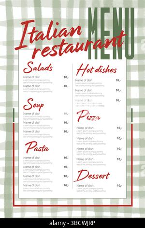 Grünes kariertes Menü. Italienische Hochzeit und Restaurant. Gut geeignet für Banner, Gruß- und Visitenkarten, Einladungen, Flyer, Broschüren, Post in sozialen Netzwerken Stock Vektor