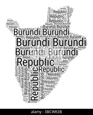 Schwarz-weiße Wortwolke in Burundi-Form. Einfache typografische Darstellung des Landes. Schlichte schwarze Burundi-Textwolke auf weißem Hintergrund. Stock Vektor