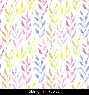 Nahtloses Zweigmuster in Aquarellfarben. Grüne, rosa, lila, blaue, orange gelbe Blätter. Wunderschönes sanftes Clipart. Handgezeichnete Illustration auf weißem Hintergrund Stockfoto