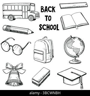 Set aus Vintage-Schulelementen mit Text „Back to School“ im Skizzenstil Stock Vektor