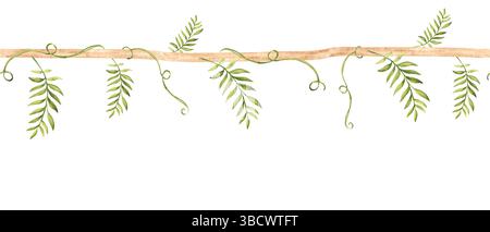 Nahtlose Grenze Liana Zweig mit tropischen Blättern. Horizontales Muster. Handgezeichnete Aquarellillustration von Dschungelpflanzen. Kann für Textilien verwendet werden Stockfoto