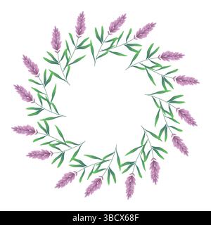 Grüner runder Rahmen mit dekorativem Laub und Blumen-Lavendel. Abstrakte botanische Illustration Stock Vektor