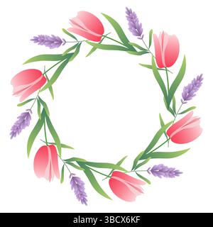 Kreisförmiger Rahmen mit Pflanzenmotiven mit leuchtend grünen Blättern und Blumen, Tulpe und Lavendel Stock Vektor