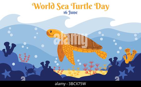 Niedliche Karte zum Welttag der Schildkröte mit einer fröhlichen Zeichentrickschildkröte, die in einer lebendigen Unterwasserlandschaft schwimmt. Flaches Poster mit Meerespflanzen und Ma Stock Vektor