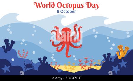 Verspielte Karte zum Tag der Oktopus-Welt mit einem fröhlichen Cartoon-Oktopus in einer farbenfrohen Unterwasserlandschaft. Flaches Design mit Meerespflanzen, Blasen und o Stock Vektor