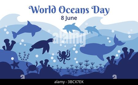 Farbenfrohe Weltmeertagskarte mit einer Unterwasserszene mit Silhouetten von Walen, Delfinen, Krabben, Schildkröten und anderen Tieren. Ein fröhliches Ozean-lan Stock Vektor