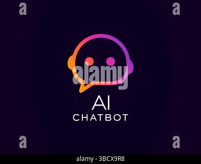 KI-Chatbot-Logo mit niedlichem Robotergesicht in der Sprechblase, leuchtender Farbverlauf. Hervorragend geeignet für Kunden-Support-Bots, intelligente virtuelle Assistenten, Technologie Stock Vektor