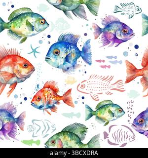 Nahtloser Fischhintergrund in Aquarell. Handgezeichnet. Nicht AI, Vektorillustration Stock Vektor
