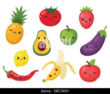 Set aus süßen Kawaii-Früchten, Gemüse und Beeren. Ein Satz gesunder Lebensmittel auf weißem Hintergrund. Handgezeichnet, Vektor-Illustration. Stock Vektor