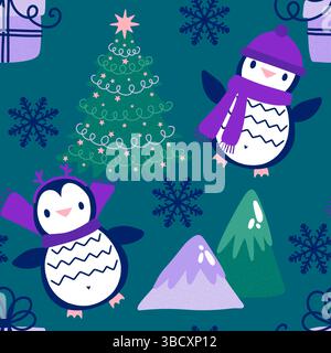 Nahtloses Pinguinmuster für Geschenkpapier und Stoffe sowie Bettwäsche und Kinderbekleidung und Neujahrsverpackungen sowie Noel Winter pac Stockfoto