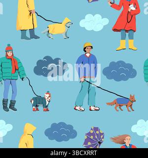 Bei schlechtem Wetter gehen Menschen mit Hunden. Ein Spaziergang mit einem Hund im Herbst und Winter im Regen an einem kalten Tag. Nahtloses Vektormuster. Stock Vektor